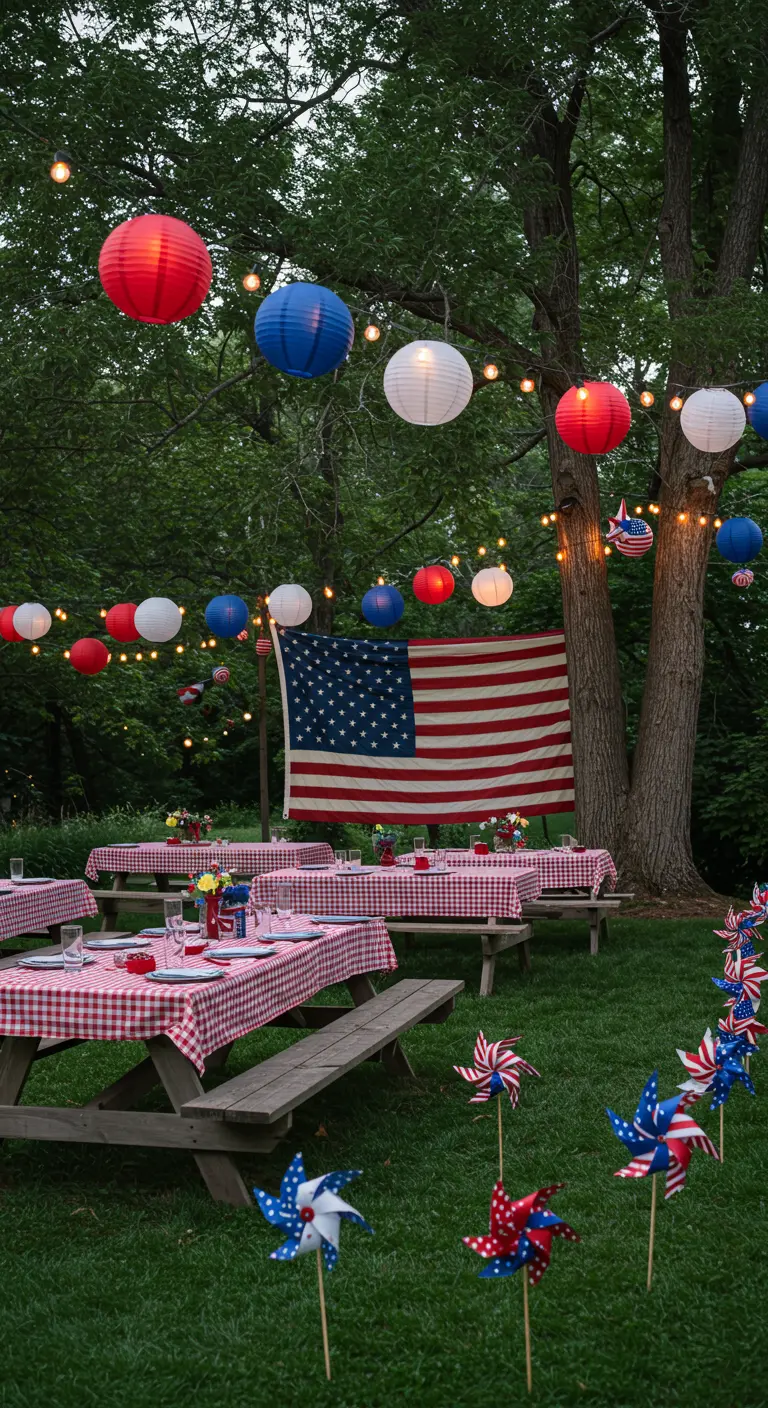 Backyard party with picnic tables, gingham cloths, and red, white, and blue paper lanterns.