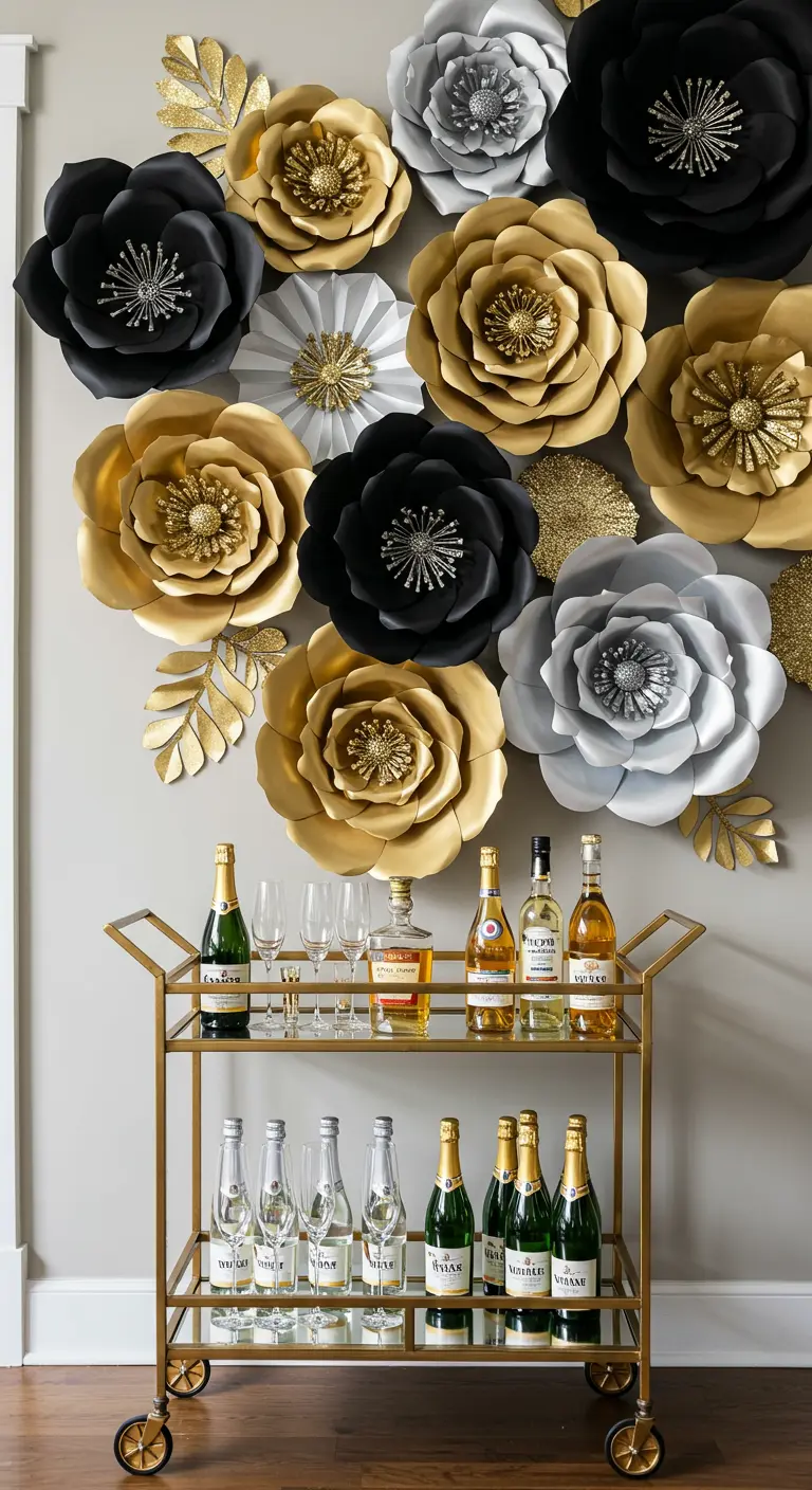 A wall of large black, gold, and silver paper flowers above a stocked gold bar cart.