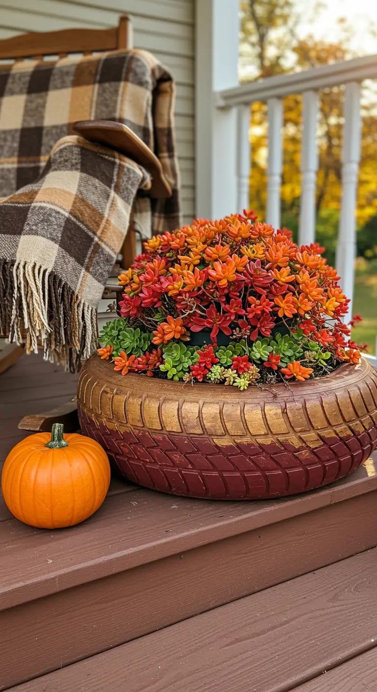 A burgundy and gold tire planter filled with orange succulents on a porch.