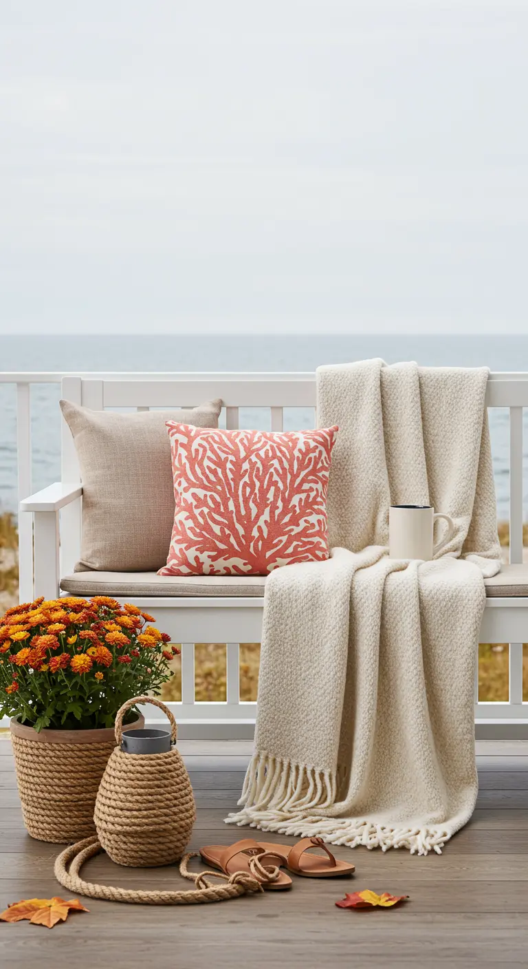 Bench with a cozy throw, coral pillow, and a pot of orange chrysanthemums.