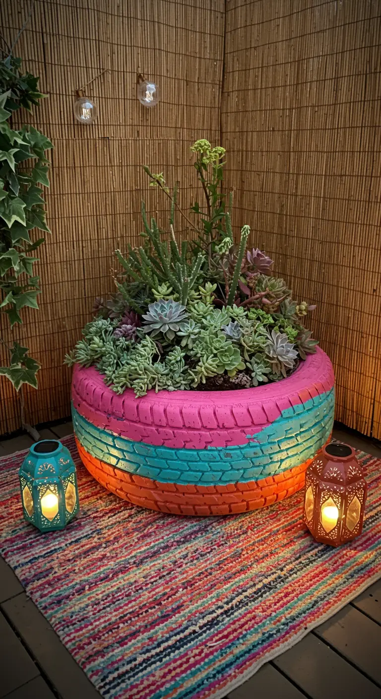 A tire painted with pink, aqua, and orange stripes sits on a colorful rug.