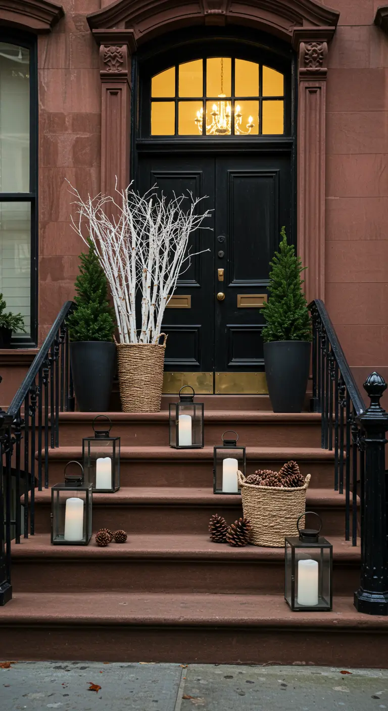 A classic brownstone stoop decorated with white birch branches, potted trees, and lanterns.