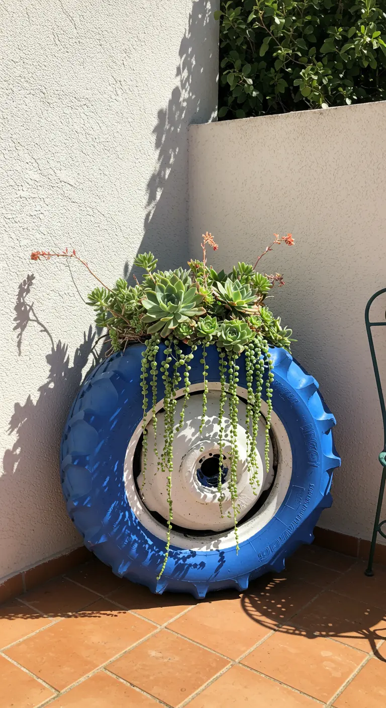 A blue-painted tractor tire used as a planter for succulents in a patio corner.