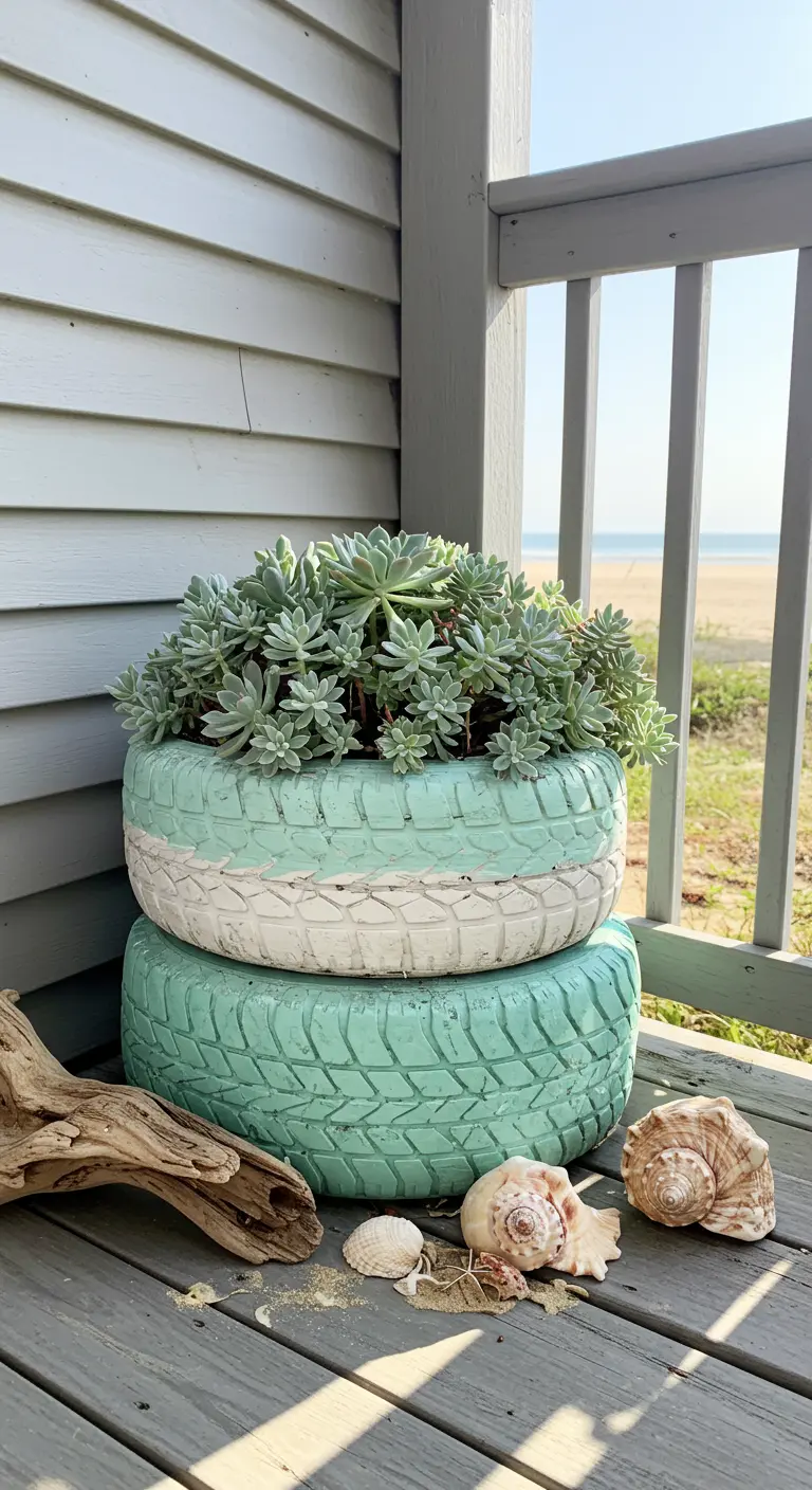 Two stacked tires in seafoam green and white, styled with seashells on a deck.