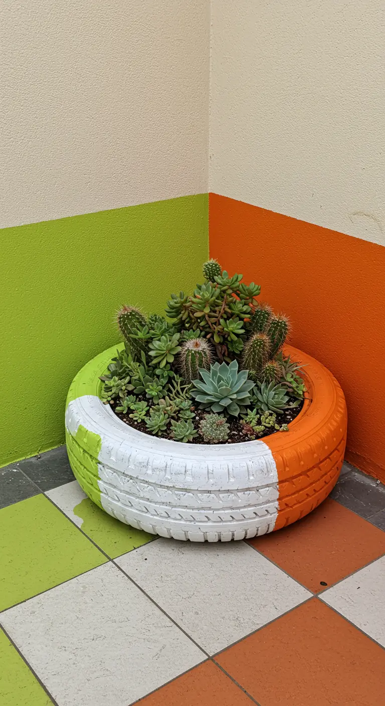 A tire painted orange, white, and green sits in a corner with matching walls.