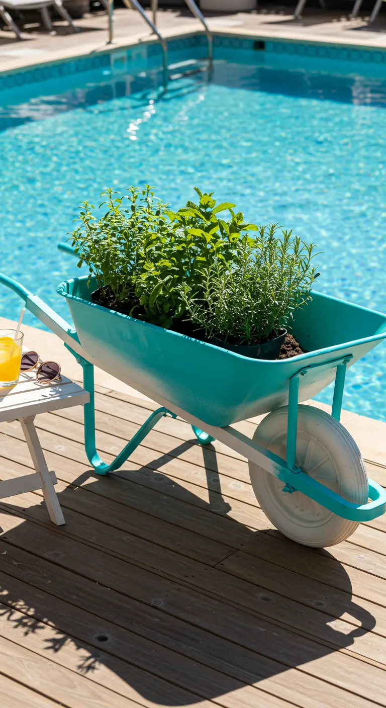 A turquoise wheelbarrow with mint and rosemary sits on a wooden deck next to a bright blue swimming pool.