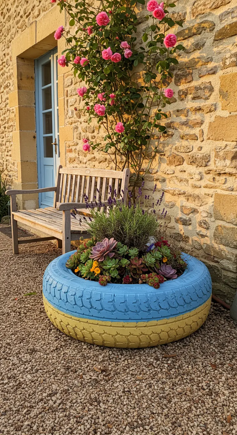 A blue and yellow tire planter sits in front of a climbing rose bush.