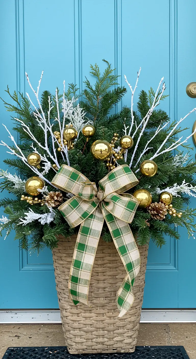 A wicker basket with pine, white branches, gold baubles, and a large green plaid bow.