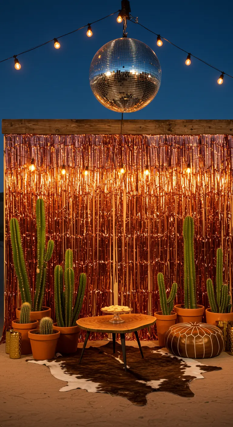 An outdoor desert-themed backdrop with copper fringe, cacti, and a hanging disco ball at dusk.