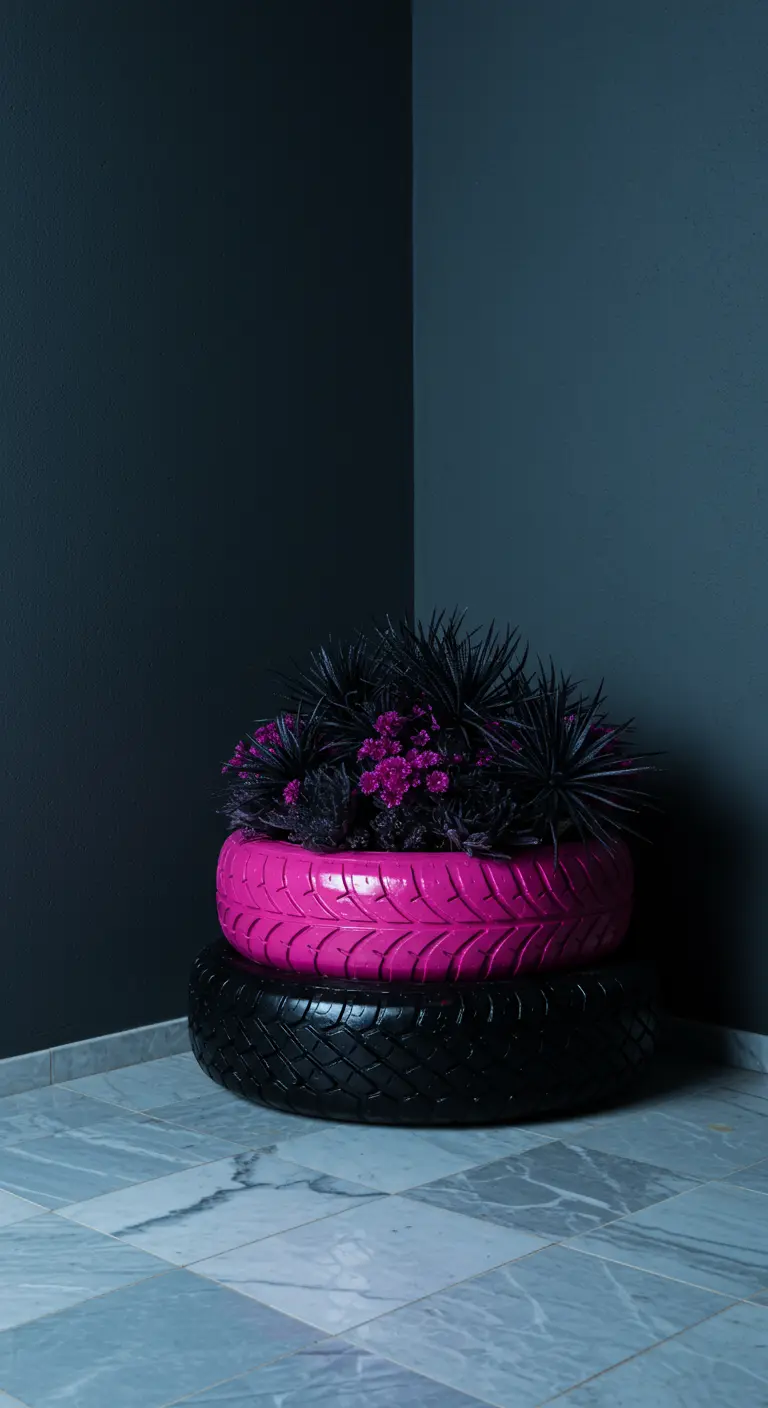 A bright magenta tire stacked on a black tire, against a dark wall.