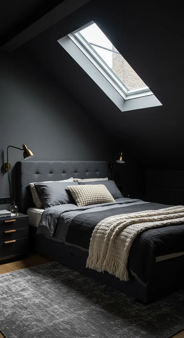 Dark gray loft bedroom with brass swing-arm sconces and layered textiles.