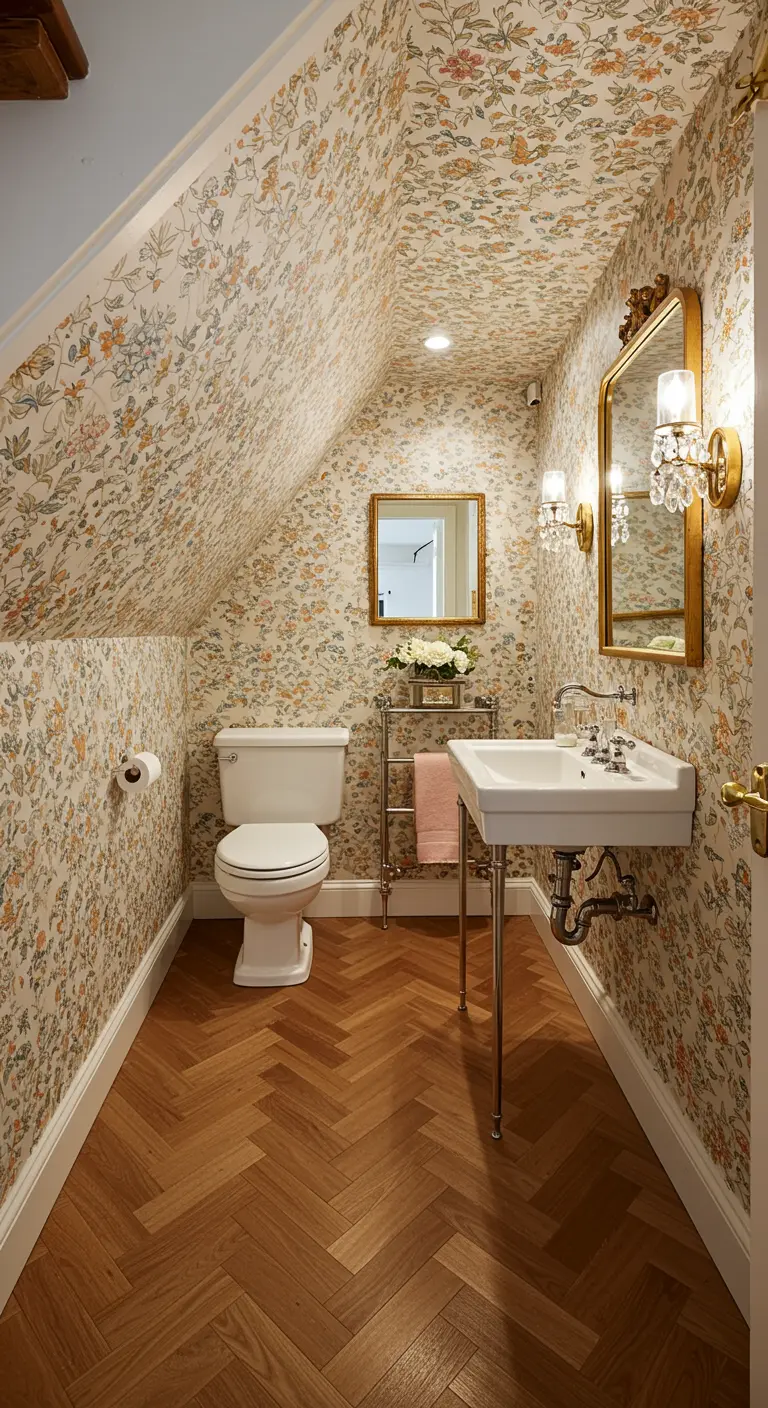 Attic powder room with floral wallpaper covering the walls and sloped ceiling.