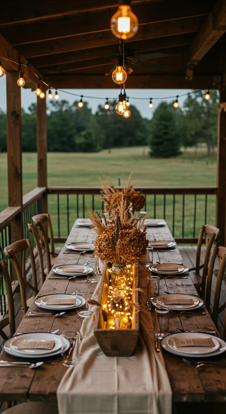 Rustic wooden table on a porch with a planter box centerpiece filled with dried flowers and lights.
