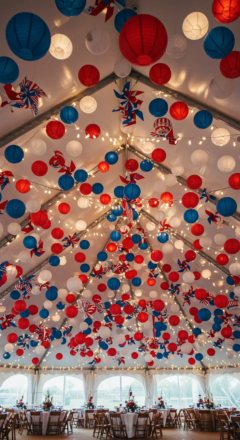 The ceiling of a party tent completely covered in red, white, and blue paper lanterns.