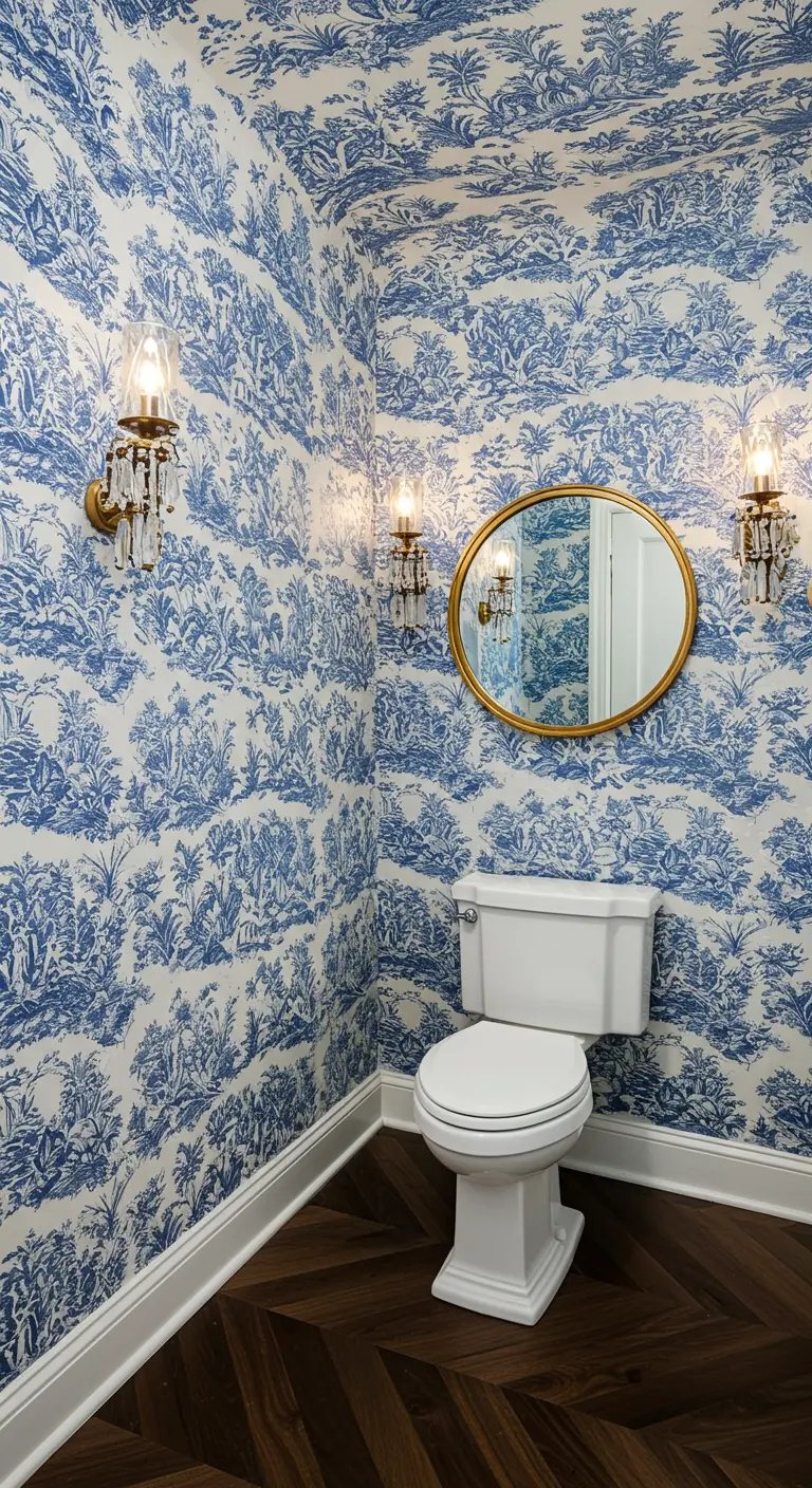Powder room wrapped in blue and white toile wallpaper with a simple gold mirror.