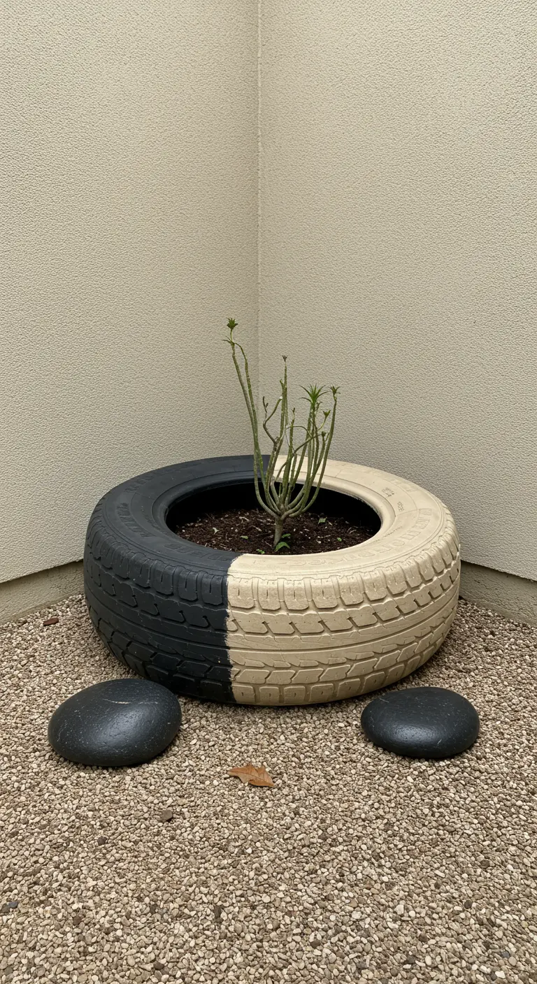 A tire painted half black and half beige, holding a single plant.