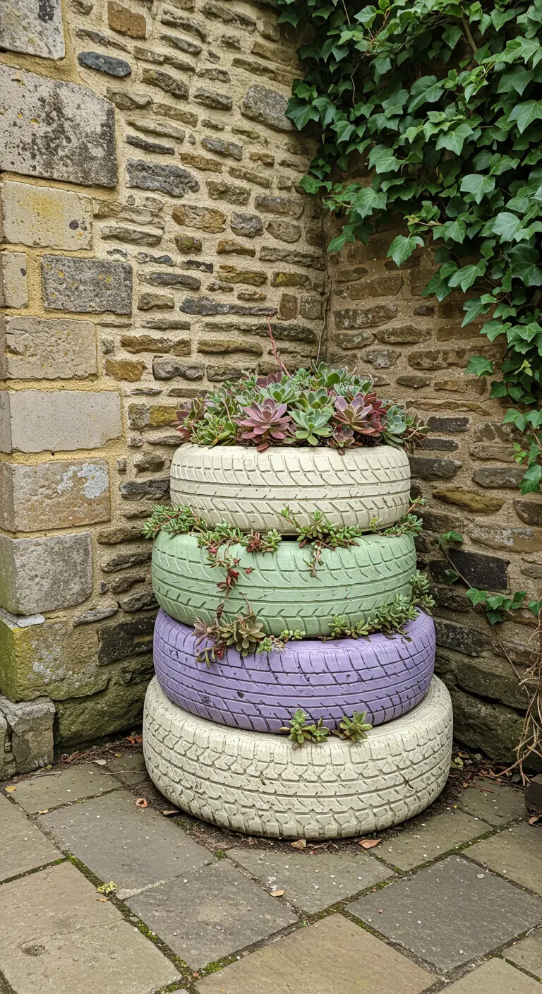 A tower of four tires painted in pastel cream, green, and lavender.