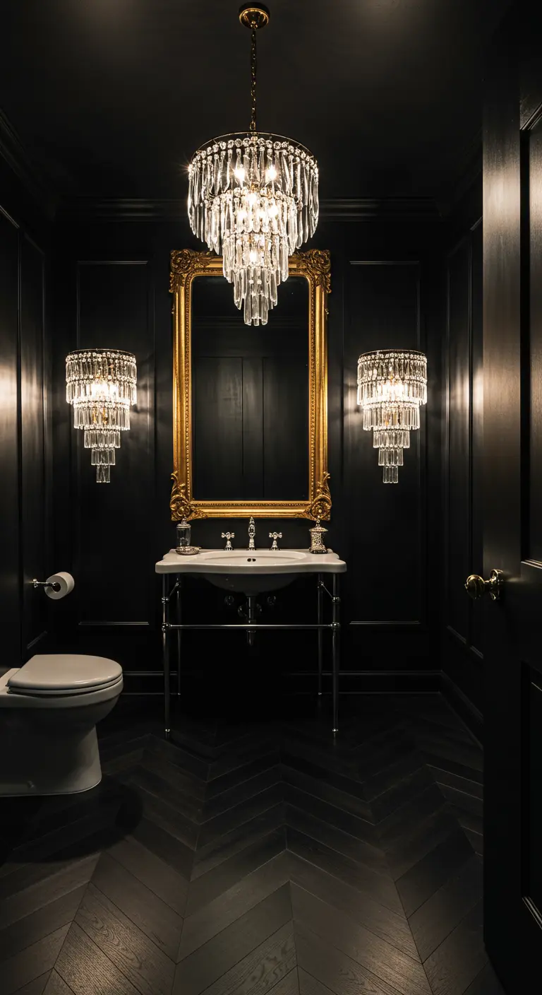 Black powder room with a central crystal chandelier and matching wall sconces.