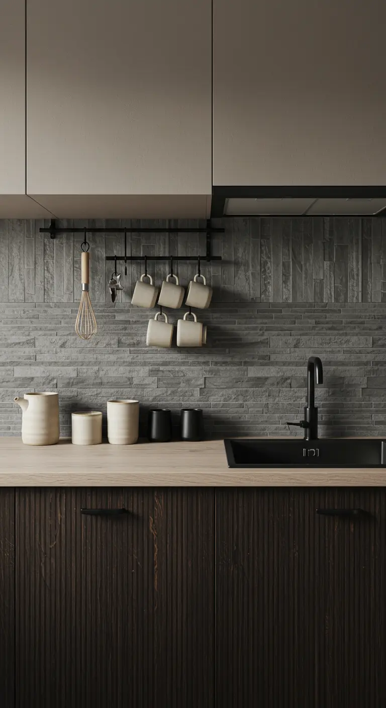 A modern kitchen with dark wood lowers, greige uppers, and a grey stacked stone backsplash.