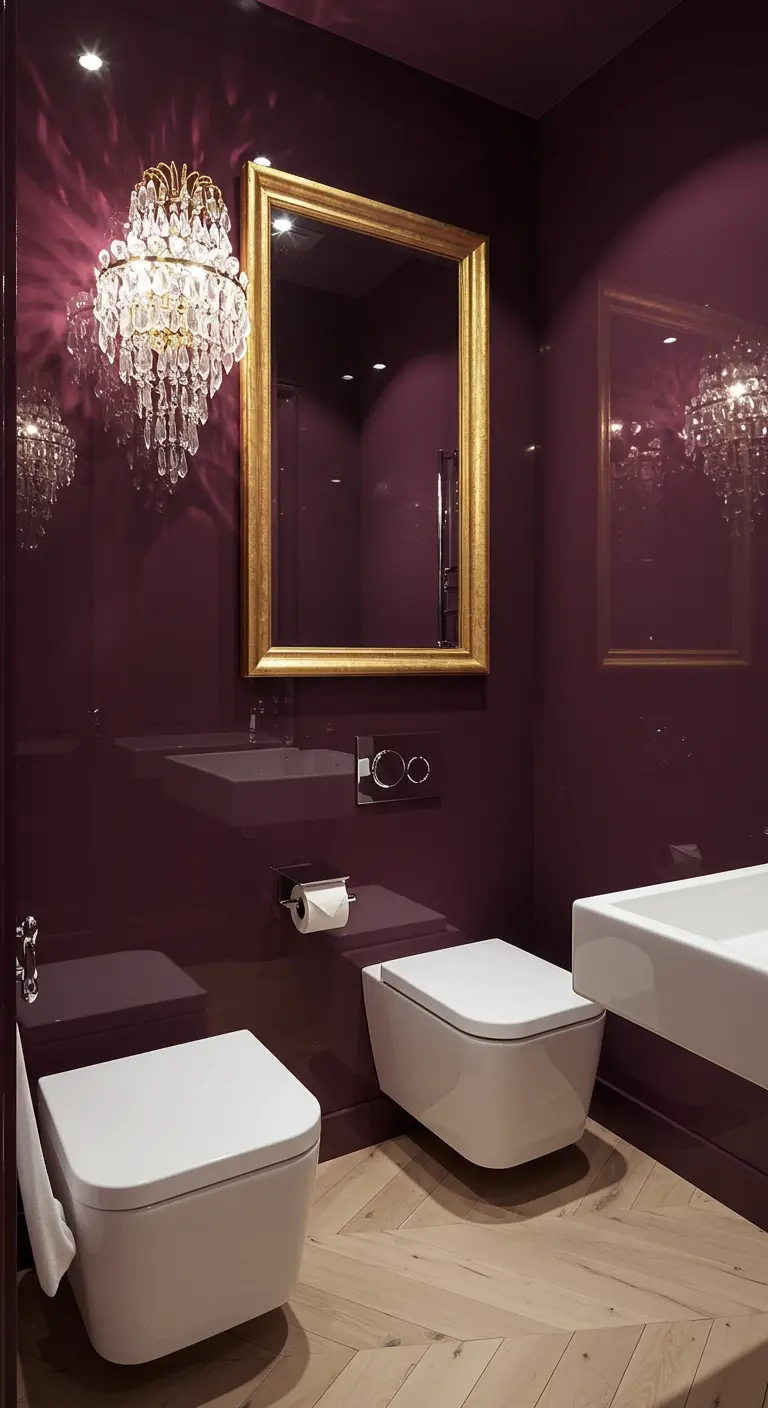 Powder room with high-gloss aubergine walls, a crystal chandelier, and a gold mirror.