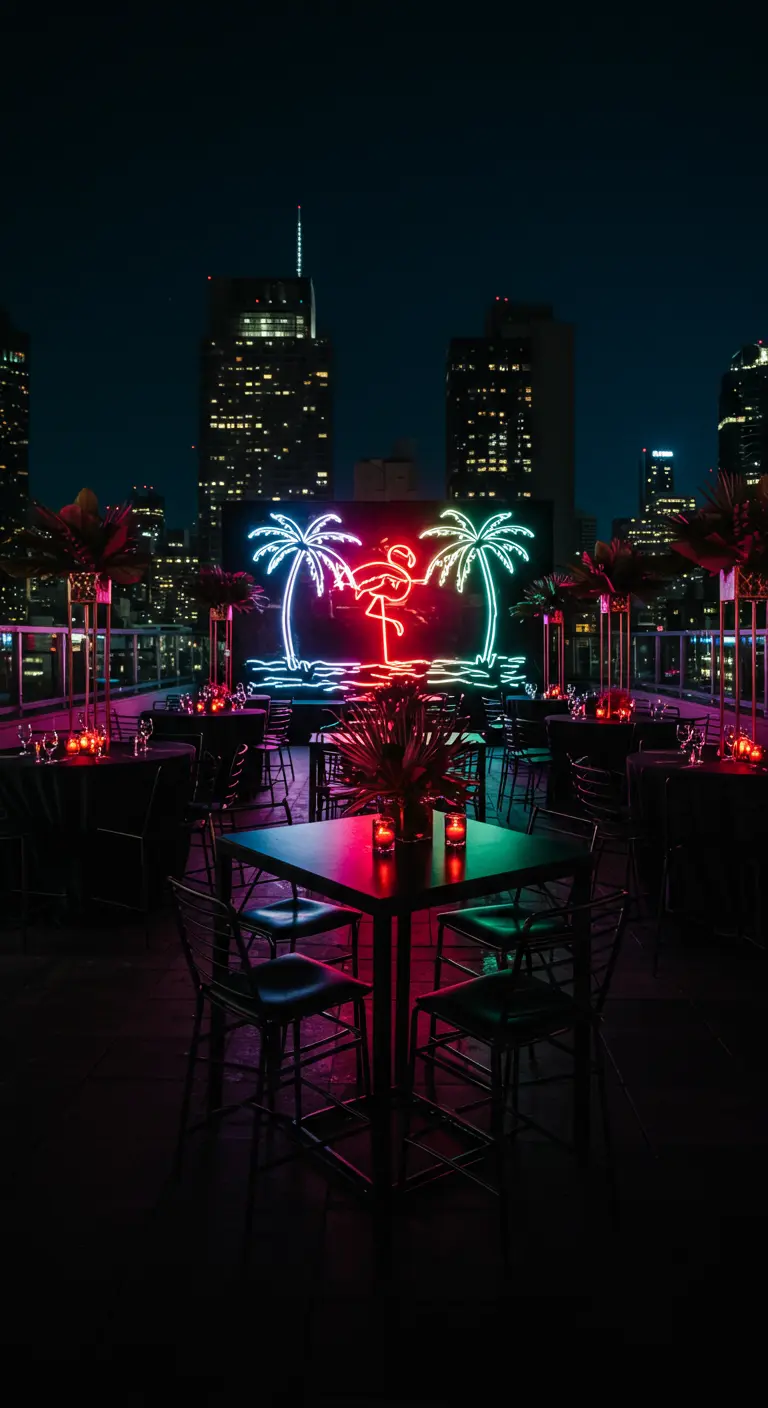 Rooftop party with a large neon palm tree and flamingo installation.