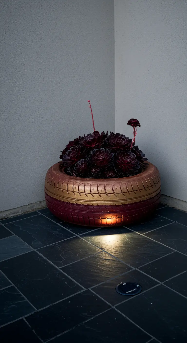 A burgundy and gold painted tire holding dark succulents, lit from below.