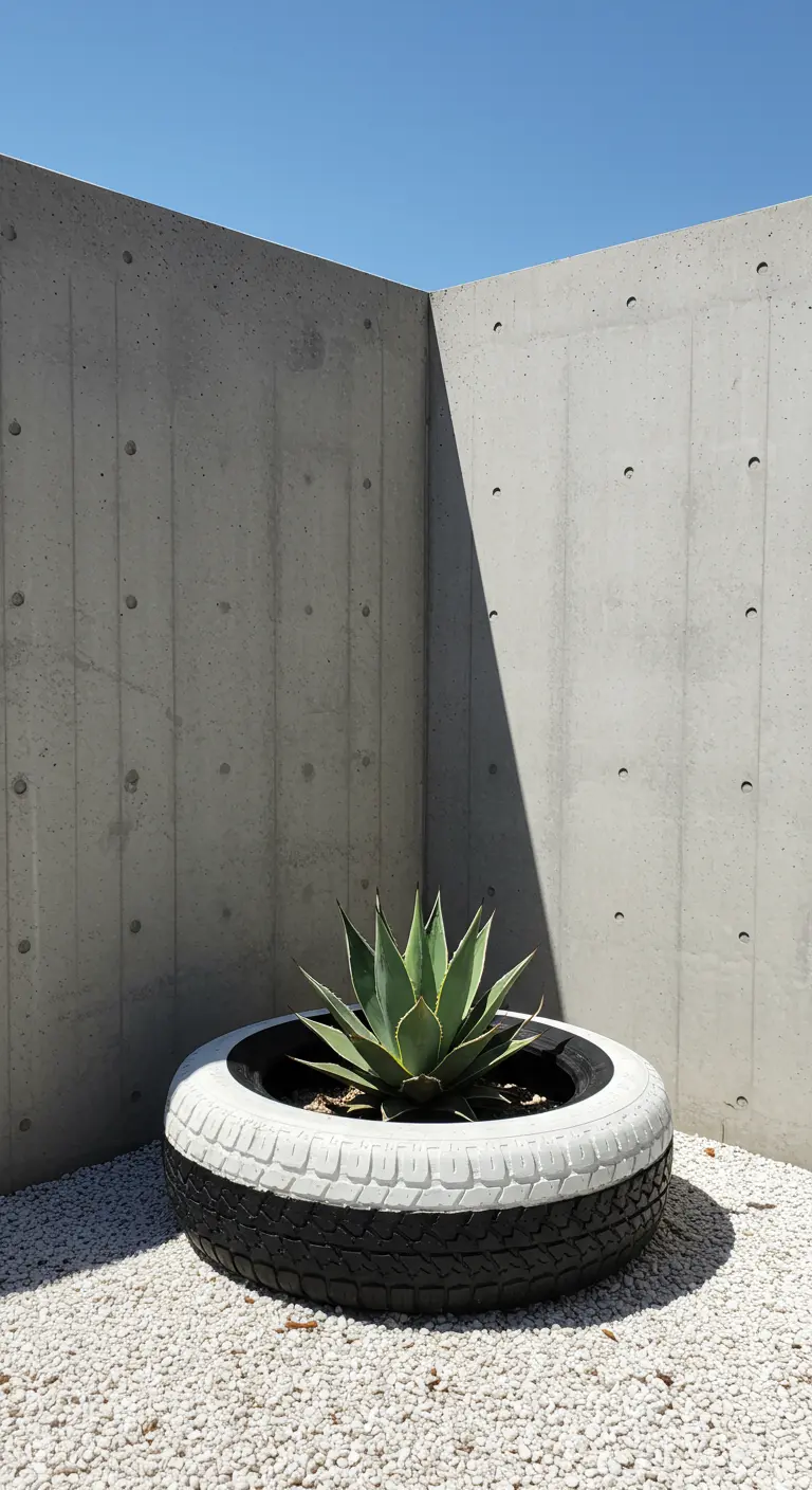 A black and white striped tire holds a single agave in a modern concrete corner.