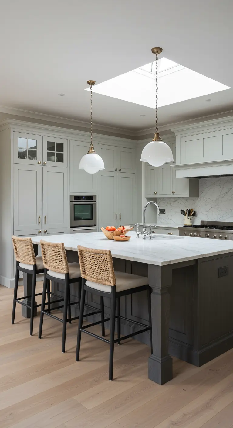 Grey kitchen with a dark grey island and woven cane-back stools under a skylight.