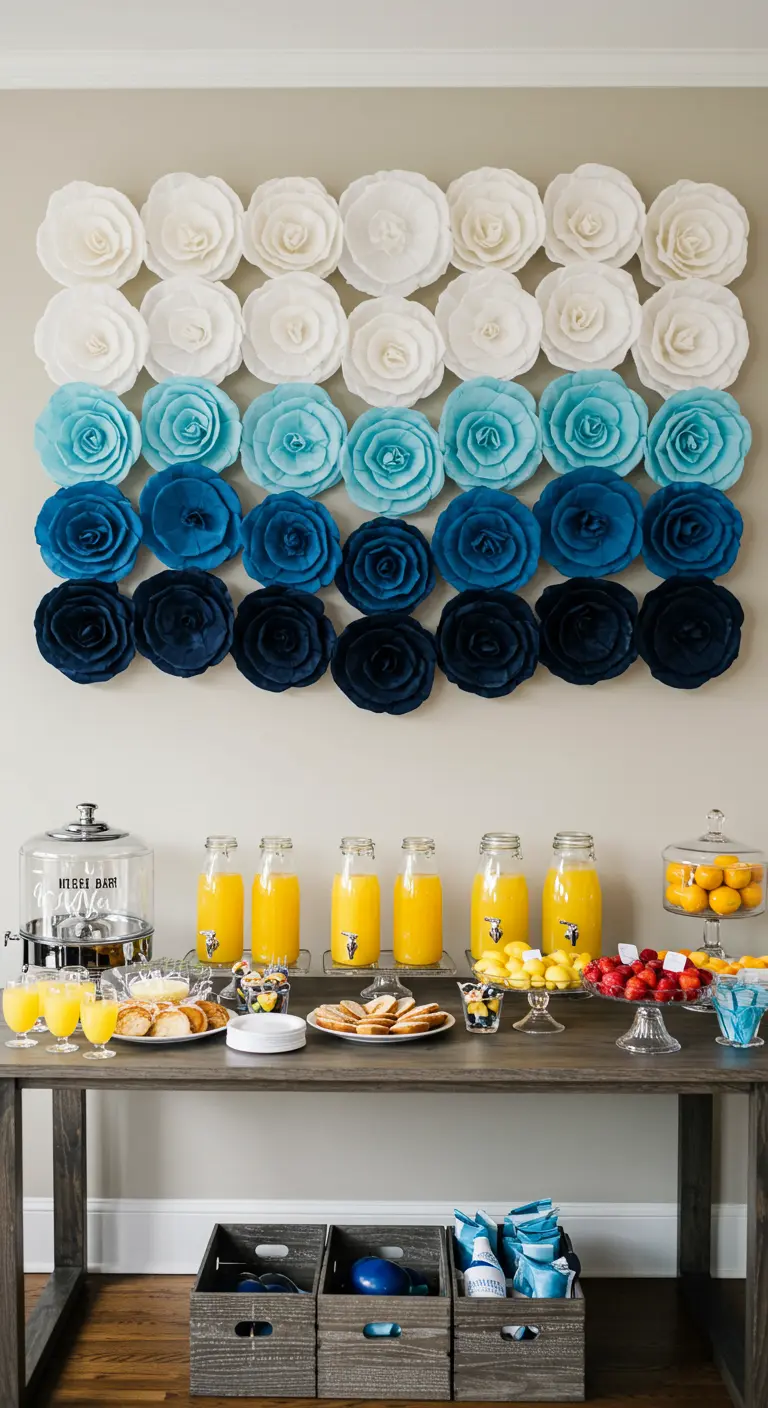 An ombre wall of paper roses graduating from dark blue to white, behind a party drink station.