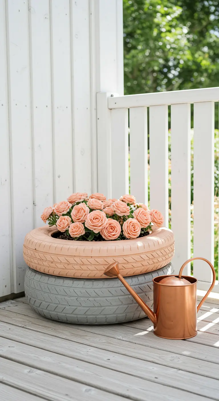 Two stacked tires in pastel peach and grey hold a bouquet of pink roses.