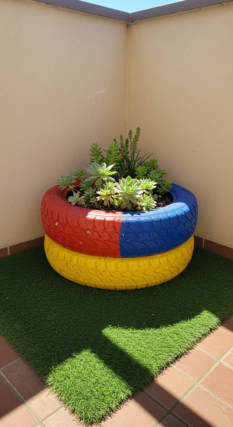 Two stacked tires painted in bold red, yellow, and blue hold green succulents.