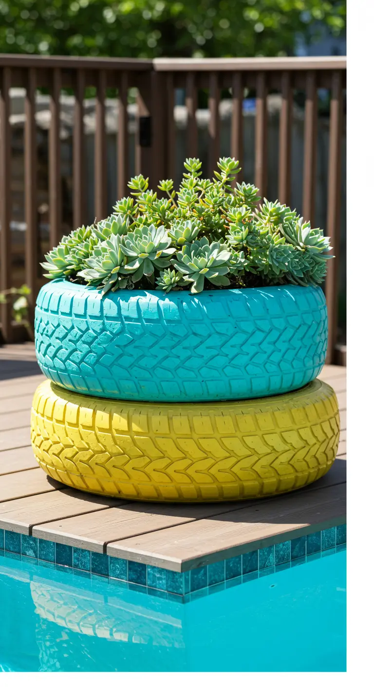Two stacked tires, one turquoise and one yellow, sit by the edge of a pool.