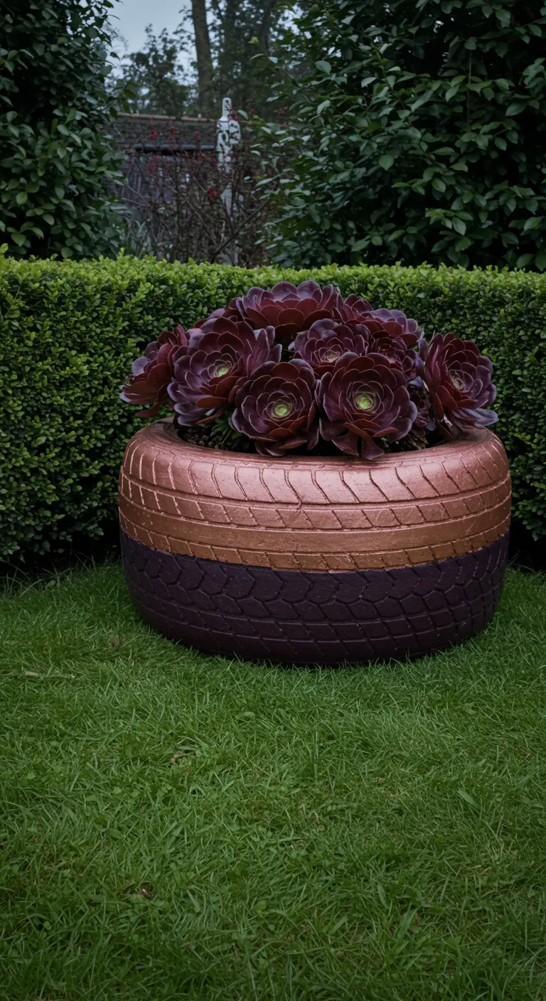 A tire painted dark purple and copper holds a large, dark purple aeonium.