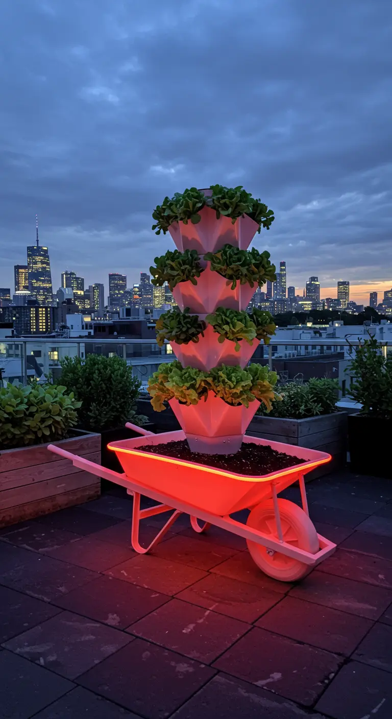 A white wheelbarrow on a rooftop holding a glowing, stacked planter against a city skyline.