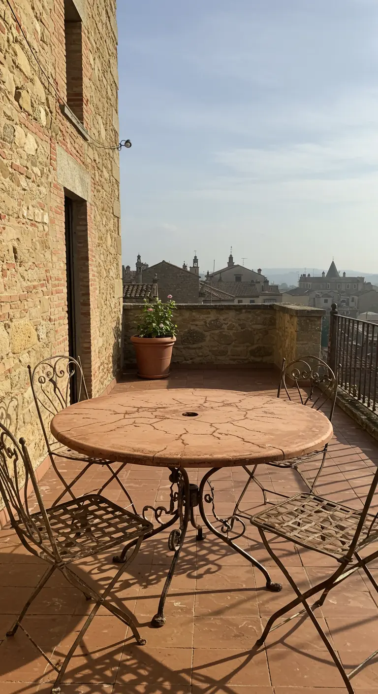 Round terra cotta table on a balcony overlooking an old European town.