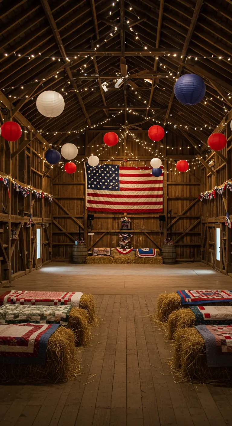 A barn decorated for a Fourth of July party with hay bale seating, quilts, and string lights.