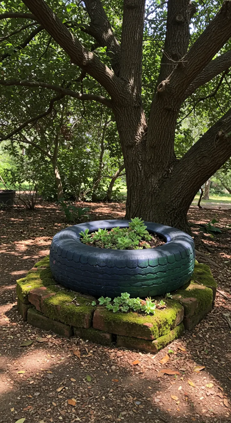 A dark green tire planter on a mossy brick base under a large tree.