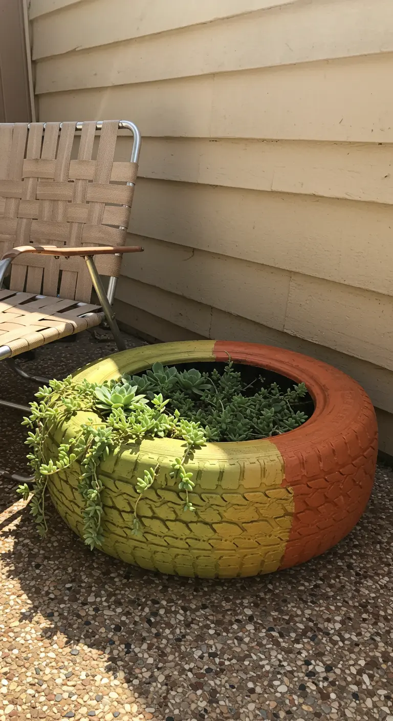 A tire planter painted half yellow and half orange, filled with trailing succulents.