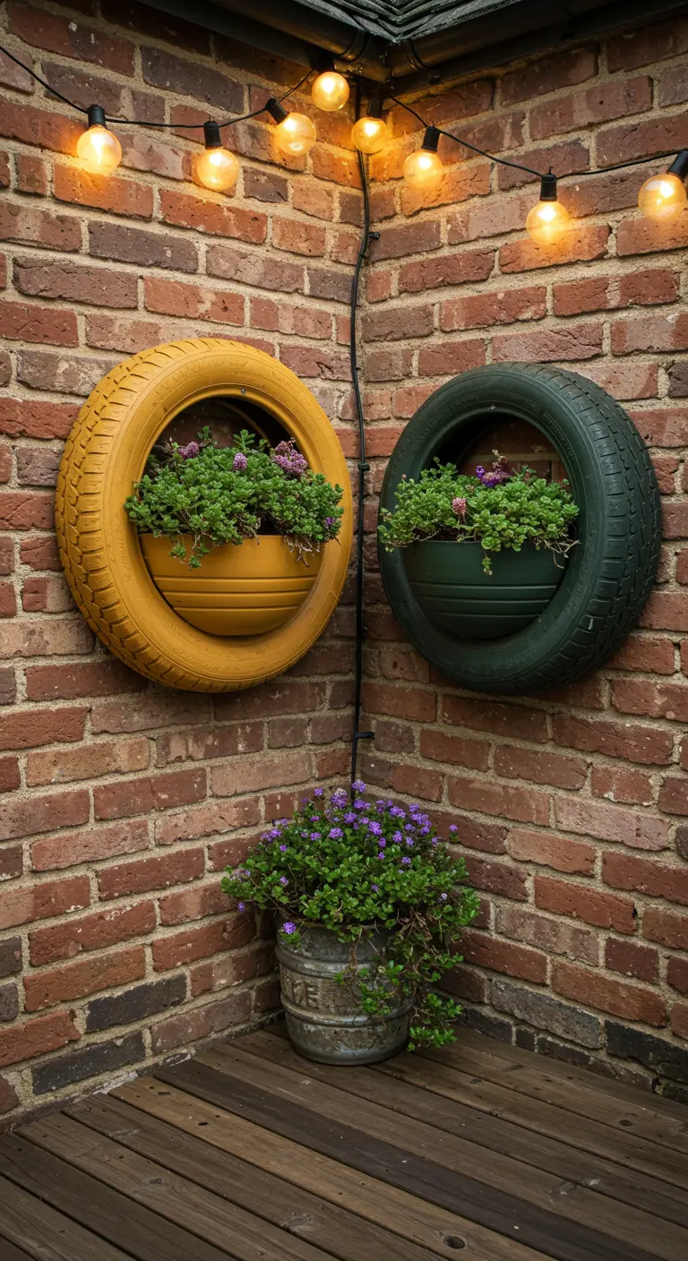 Two tires, one yellow and one green, are mounted on a brick wall as planters.