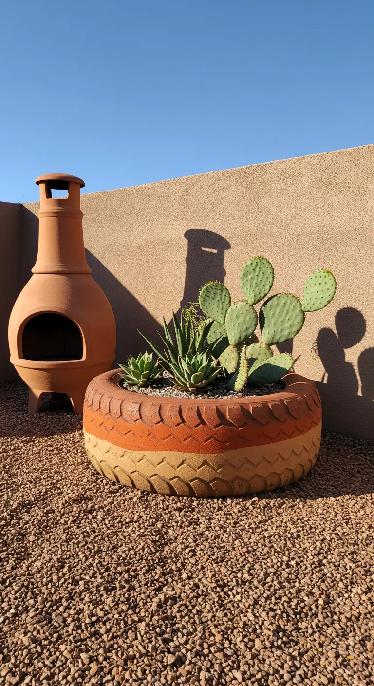 A tire painted in terracotta tones holds cacti and succulents next to a chiminea.