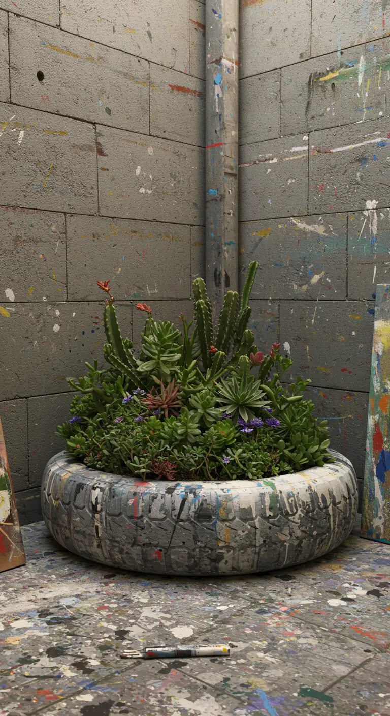 A white tire with black paint splatters holds a mix of succulents and cacti.