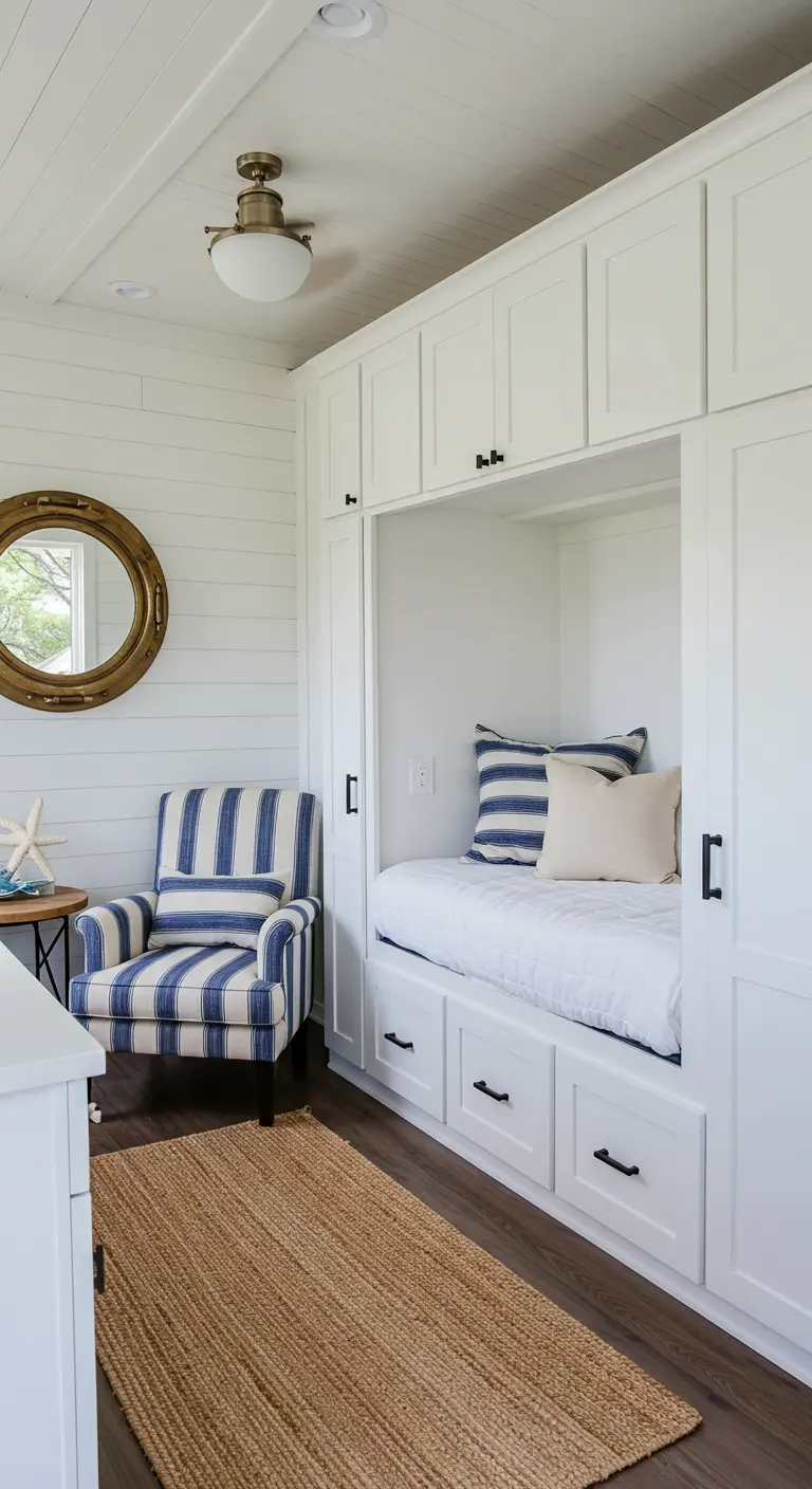 Coastal-style white built-in unit with a sleeping nook, striped cushions, and storage.