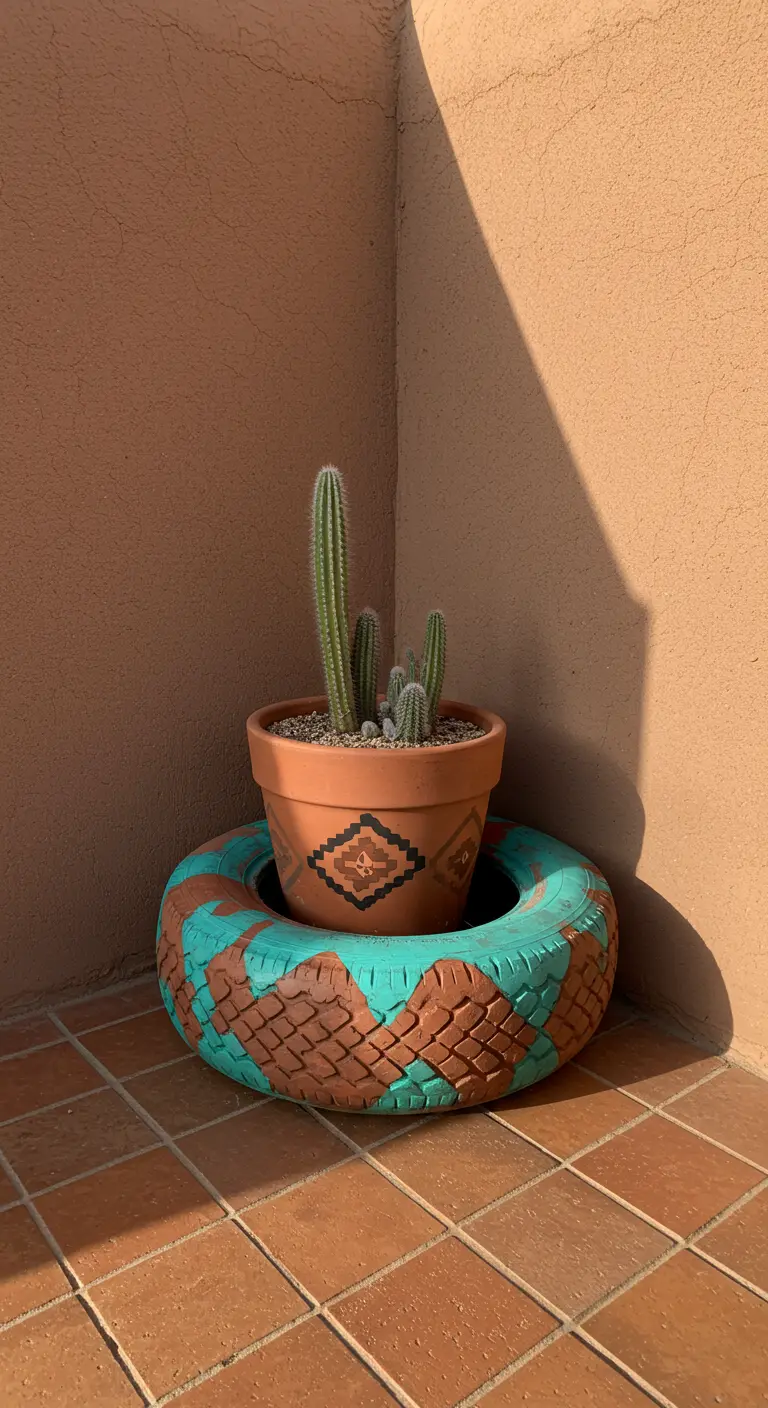A terracotta pot with a cactus sits inside a larger, painted tire.