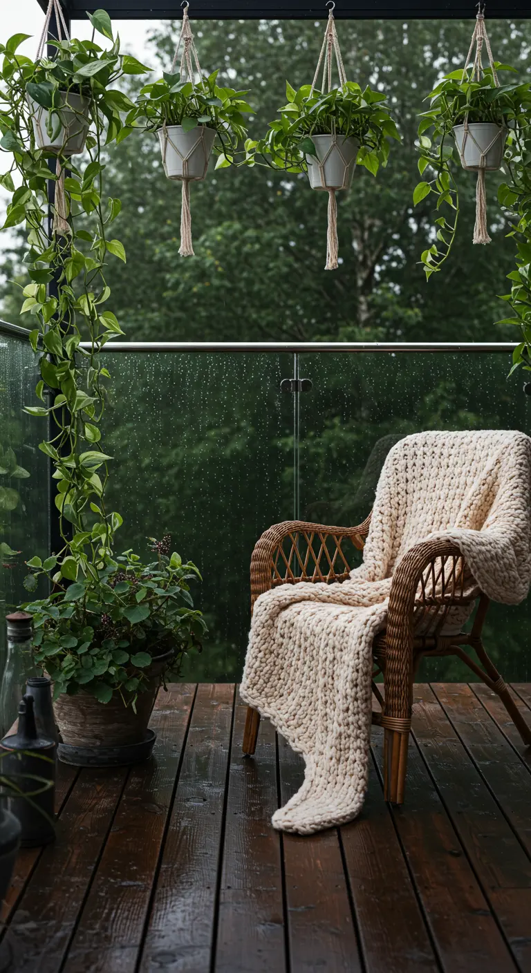 Rainy day on a balcony with a wicker chair and a chunky knit blanket.
