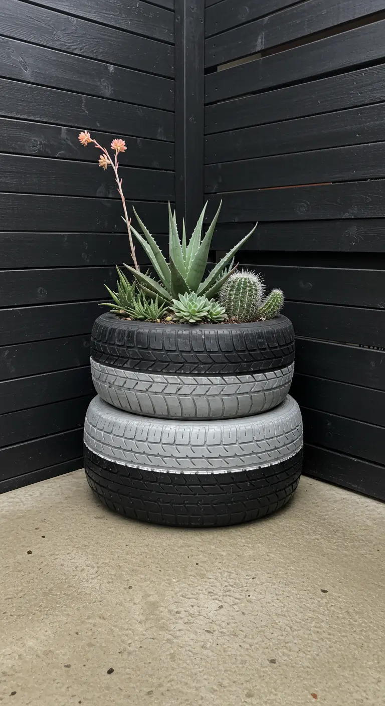 Two stacked tires, painted in black and grey stripes, hold aloe and cacti.