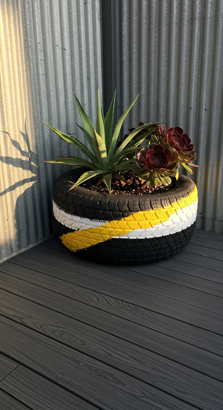 A black tire with white and yellow chevron stripes holds agave and aeonium plants.