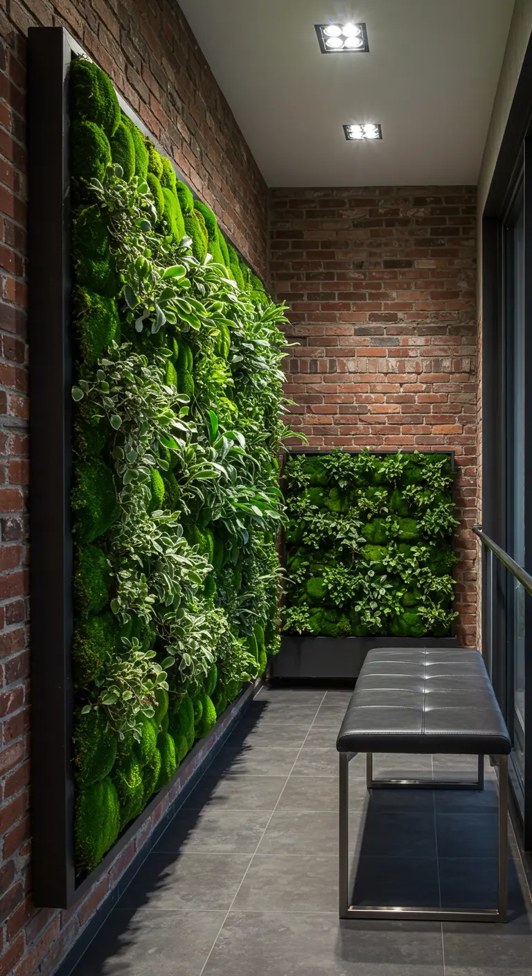 An indoor corridor with a framed moss and plant wall next to an exposed brick wall and a leather bench.
