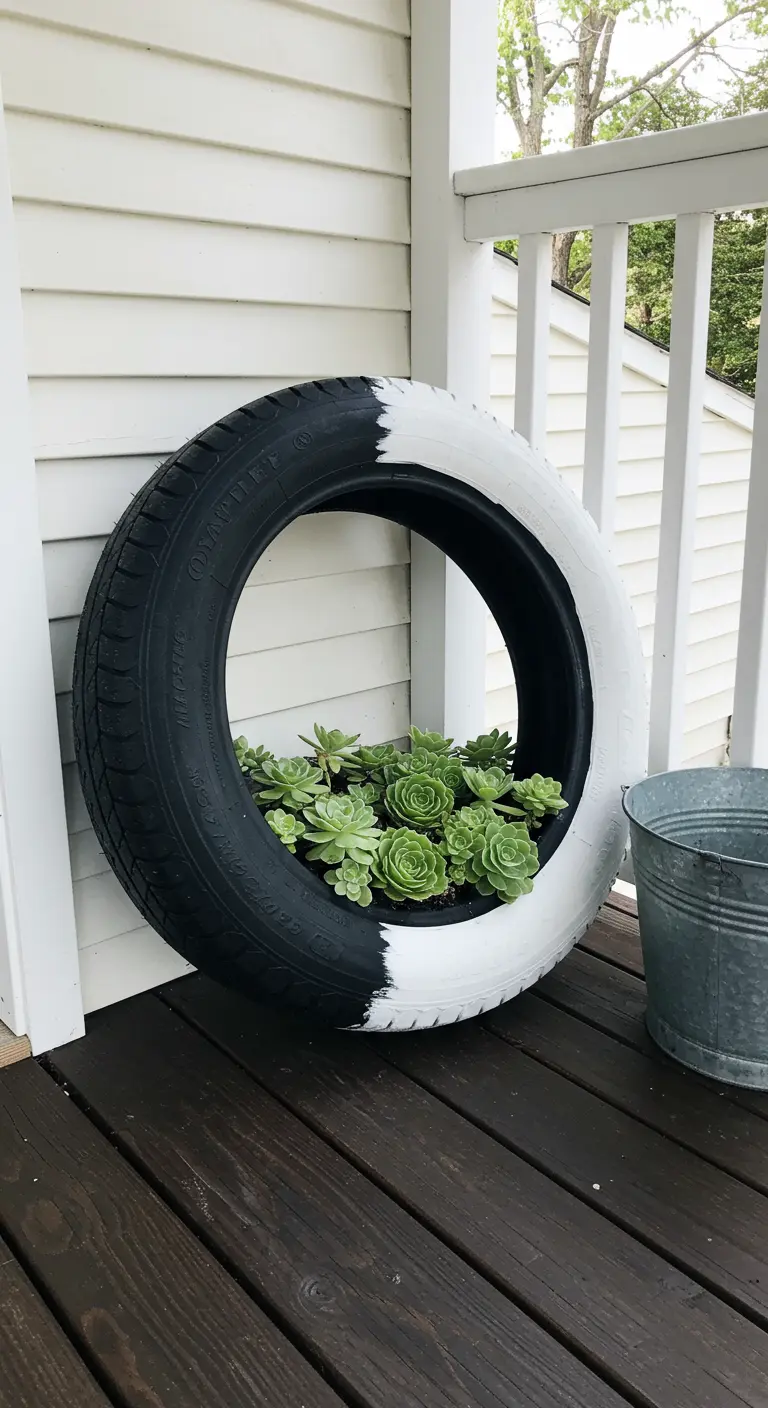 A vertically placed tire, painted half white, holds a cluster of green succulents.