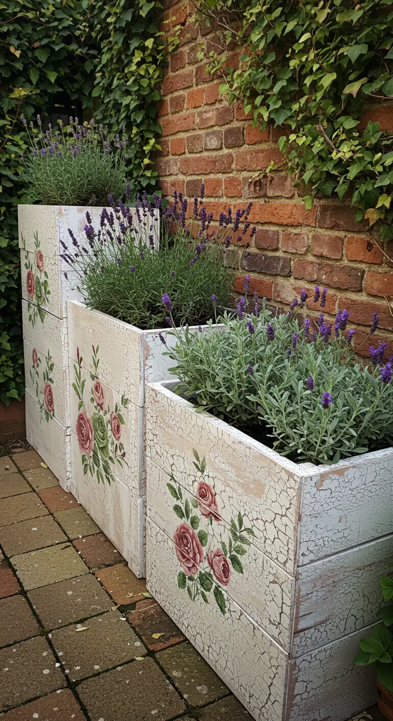 White crackle-paint pallet planters with stenciled pink roses and lavender.