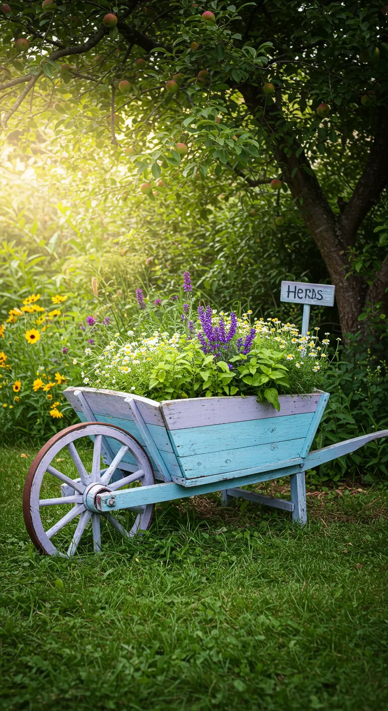 A rustic wooden wheelbarrow painted light blue and lilac, filled with herbs and flowers.